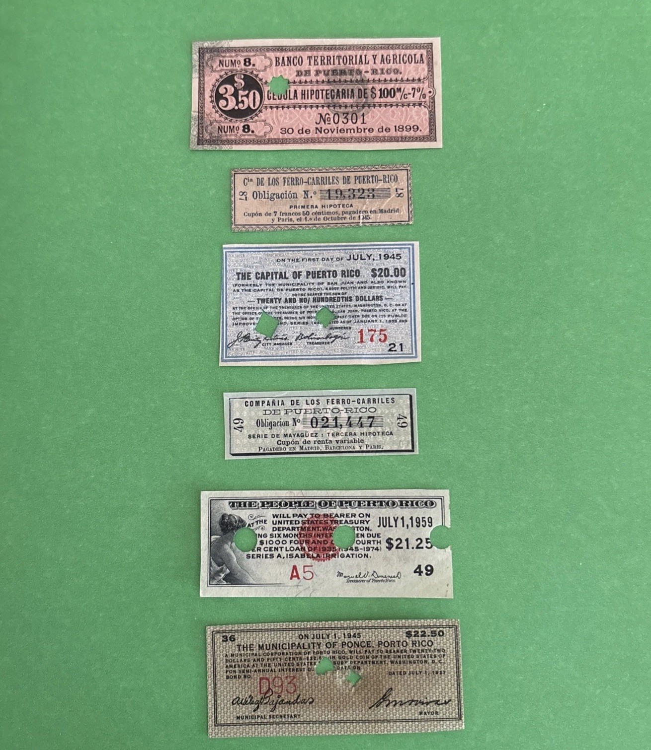 L@@K PUERTO RICO LOT 6 NOTES 1900s-1950s PEOPLE  FERROCARRIL AGRICOLA COUPON