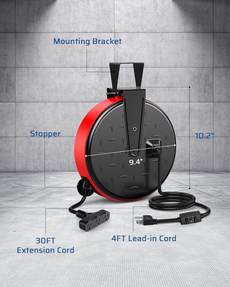 "Automatic Retractable Cord Reel, 180 Degree Swivel Bracket"