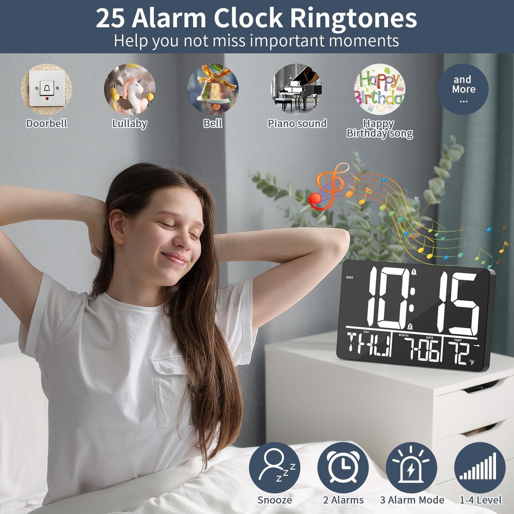 13" Digital Wall Clock Large Display with Remote, 25 Ringtones, Temperature, ...
