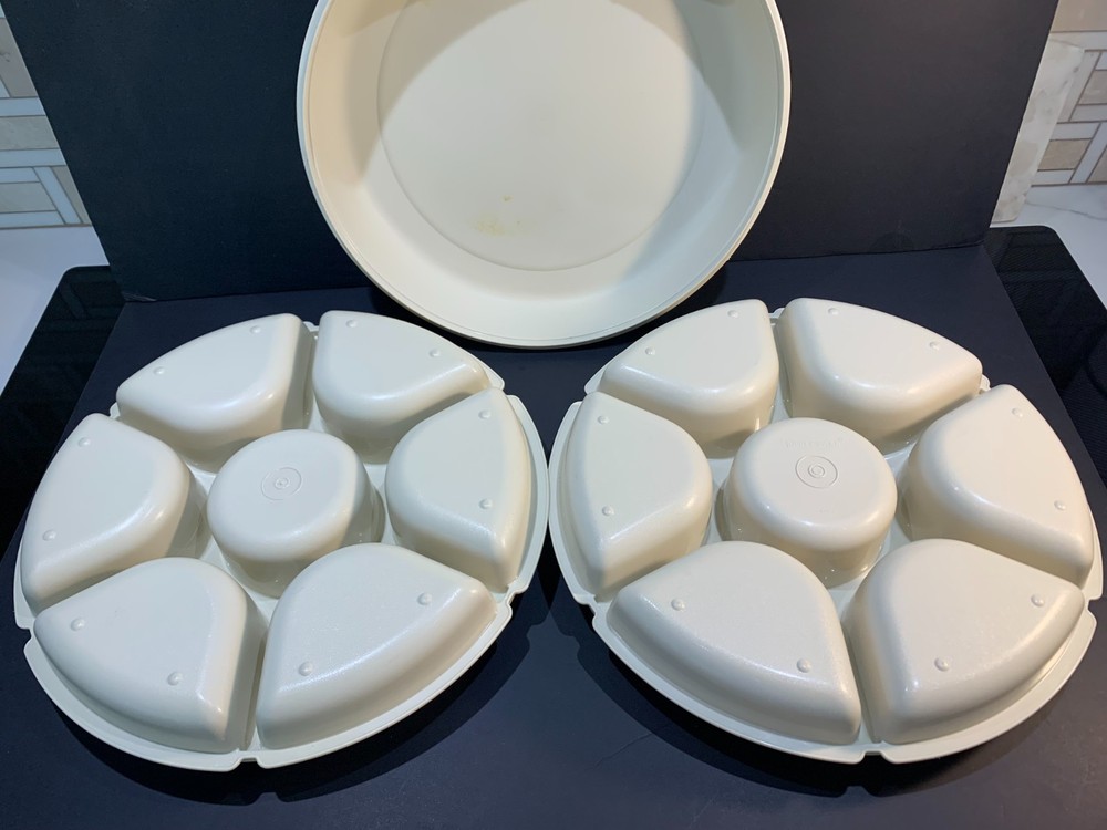 Tupperware 3-Piece Set –Two 7-Section Food Divider Serving Trays + 1 Locking Lid