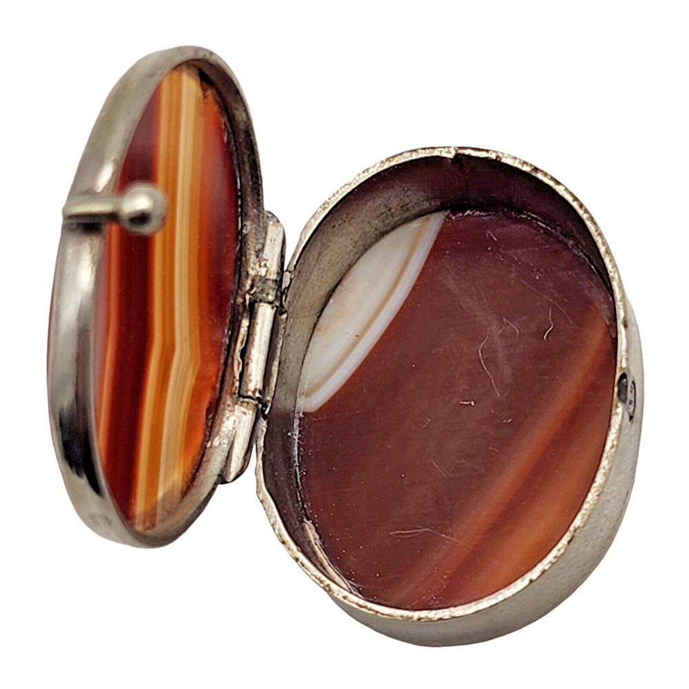 ANTIQUE Sterling Silver / Agate Oval Pill Box