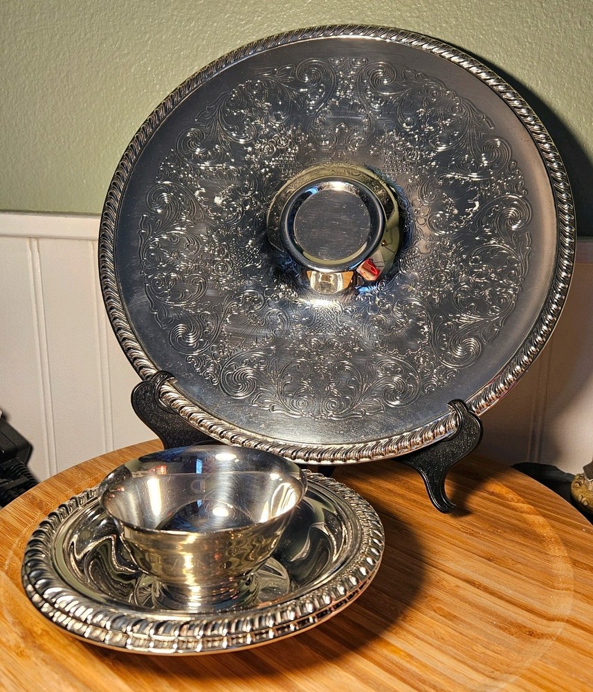 Vintage International Silver Chip and Dip Serving Platter 12" and 2 bowl set