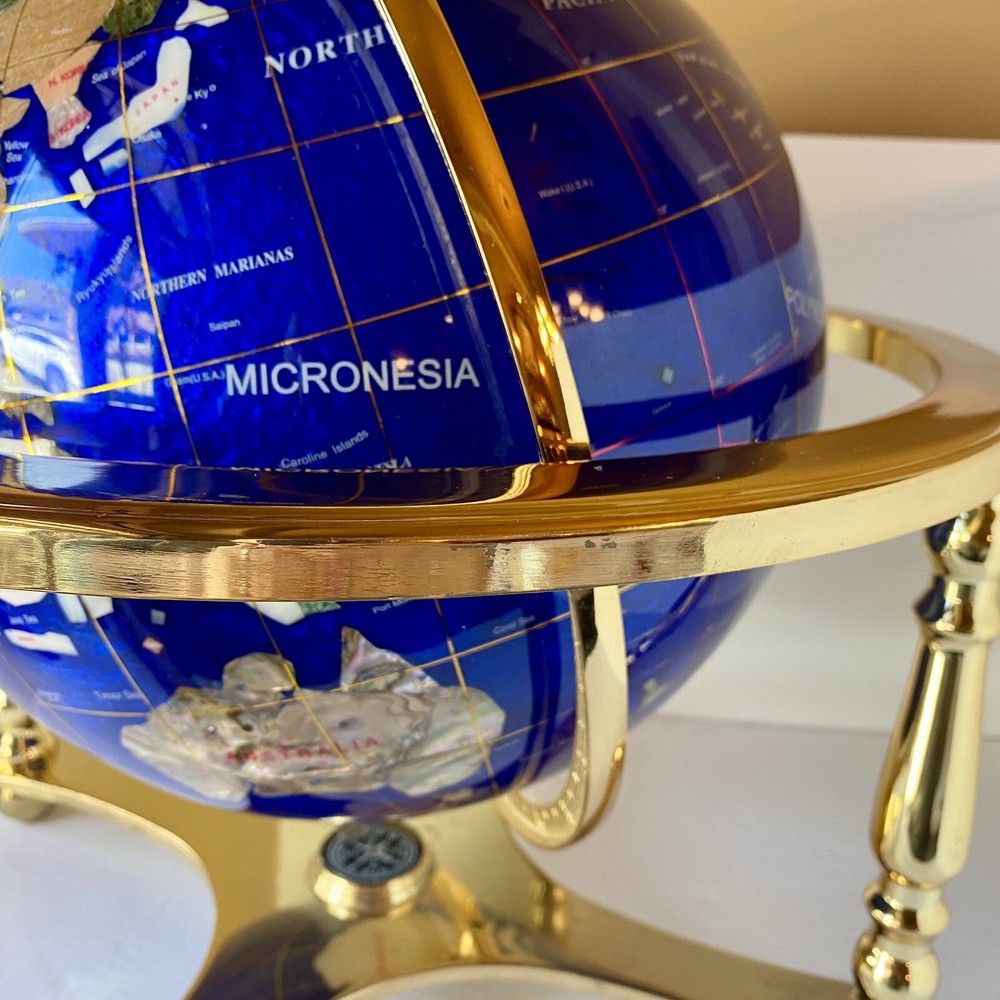 18”Blue Globe Ocean Gold 4 leg table stand Gem Gemstone World MAP Compass