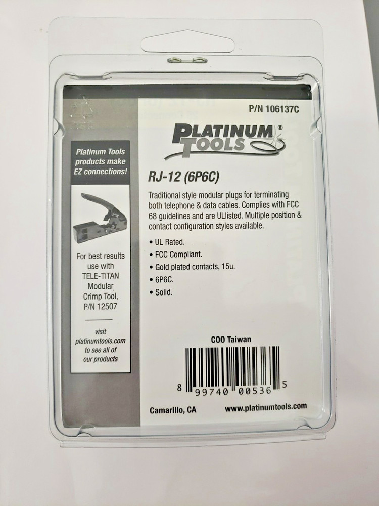 Platinum Tools 106137C RJ12 (6P6C) Round-Solid 3 Prong. 25/Clamshell