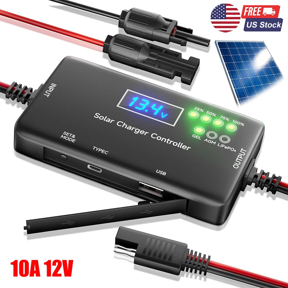 Solar Charge Controller 12V 10A MPPT Solar Panel Charge Controller Type-C & USB