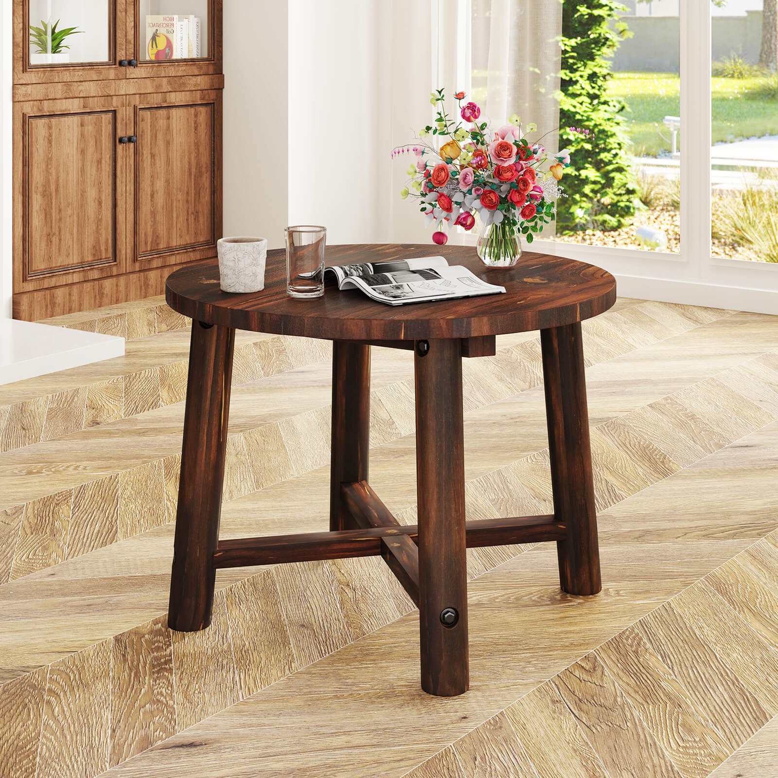 Outdoor Side Table w/ Solid Wood Structure Small Round Coffee Table for Garden