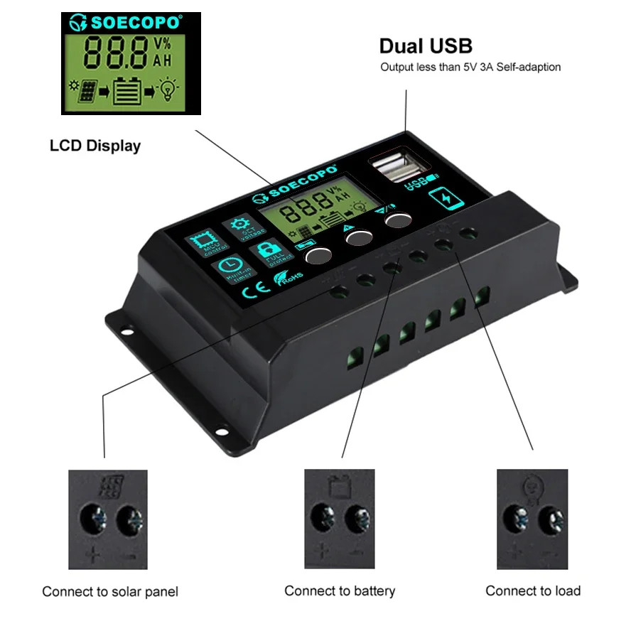 100A Solar Charge Controller 12V/24V Dual USB LCD Solar Panel Battery Charger