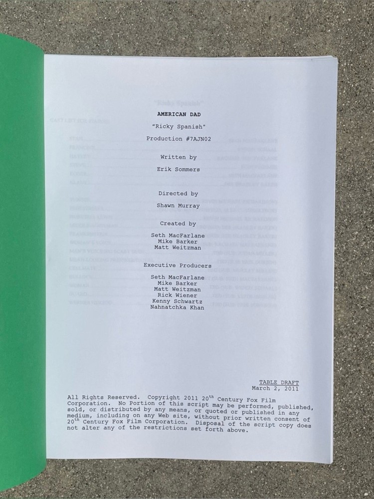 American Dad 2011 Ricky Spanish Production Used Original Table Draft Script
