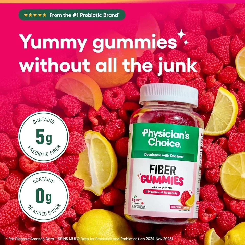 Physician's Choice Fiber Gummies Raspberry Lemon 60ct Prebiotic Chicory Root