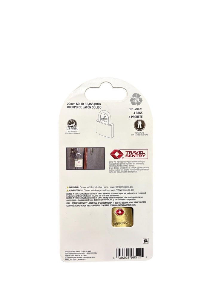 Brinks 161-20471 TSA Approved 22mm Lock Solid Brass, 4-Pack