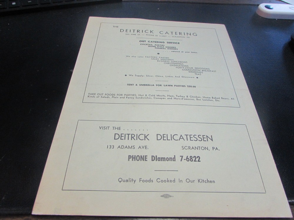 ORIGINAL - THE DEITRICK - CATERERS - SCRANTON PA - MENU