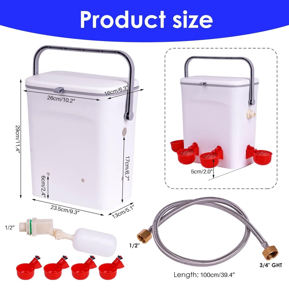 Automatic Chicken Waterer with Float Valve Kit Hose Attachment and 4 Poultry ...