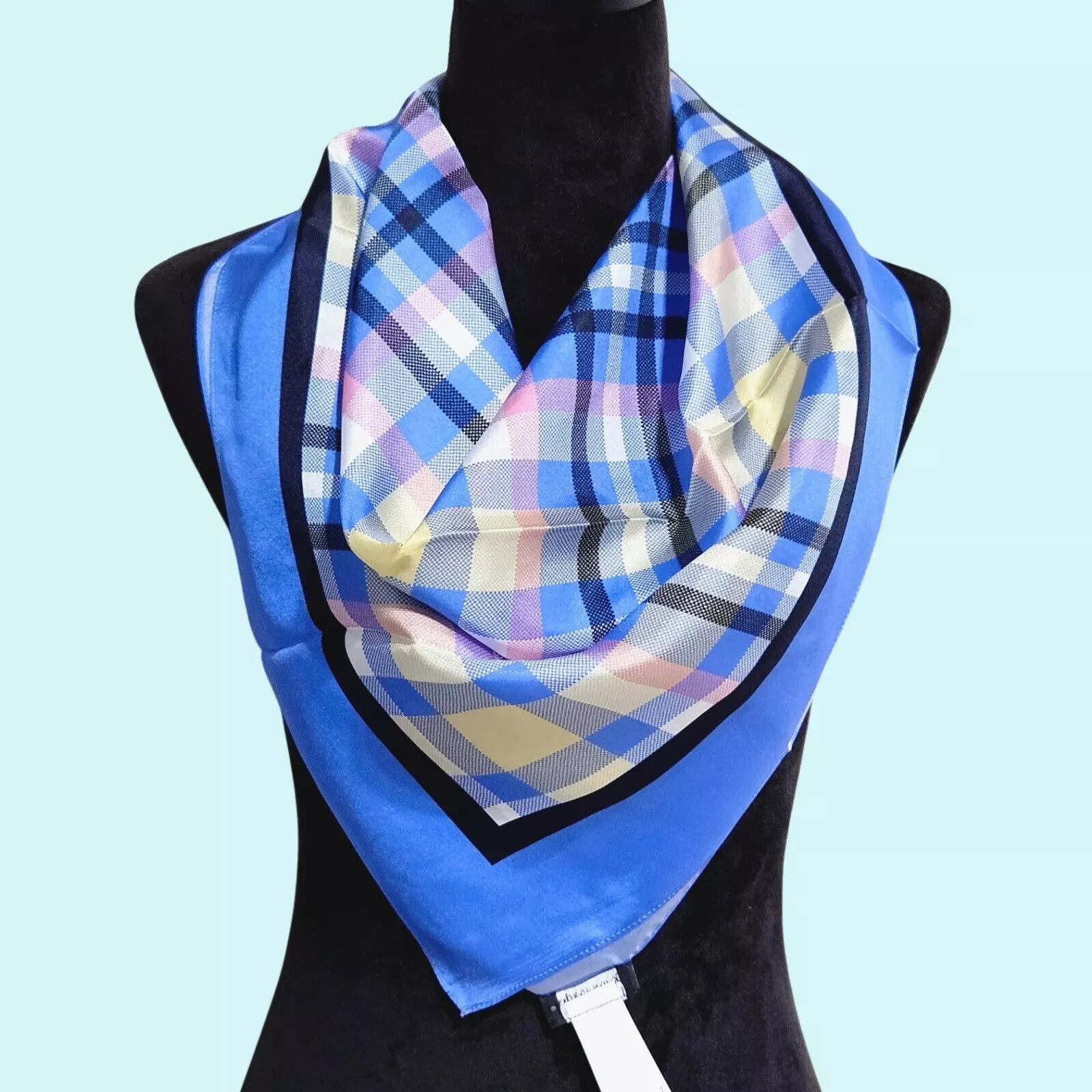 NWT Kate Spade Garden Plaid Square Silk Scarf $88 SAPPHIRE HAZE