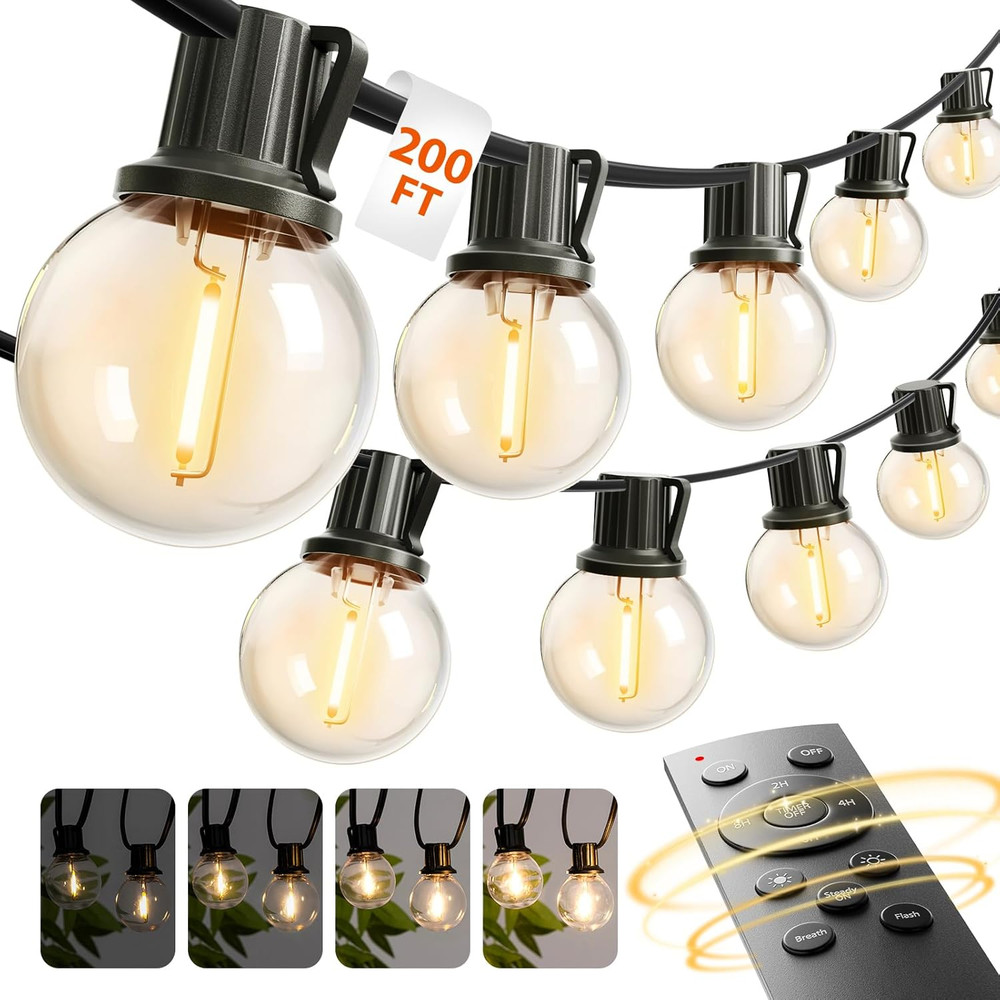 Outdoor String Lights 200FT G40 with Remote, 108 LED Shatterproof Bulbs, Dimmabl