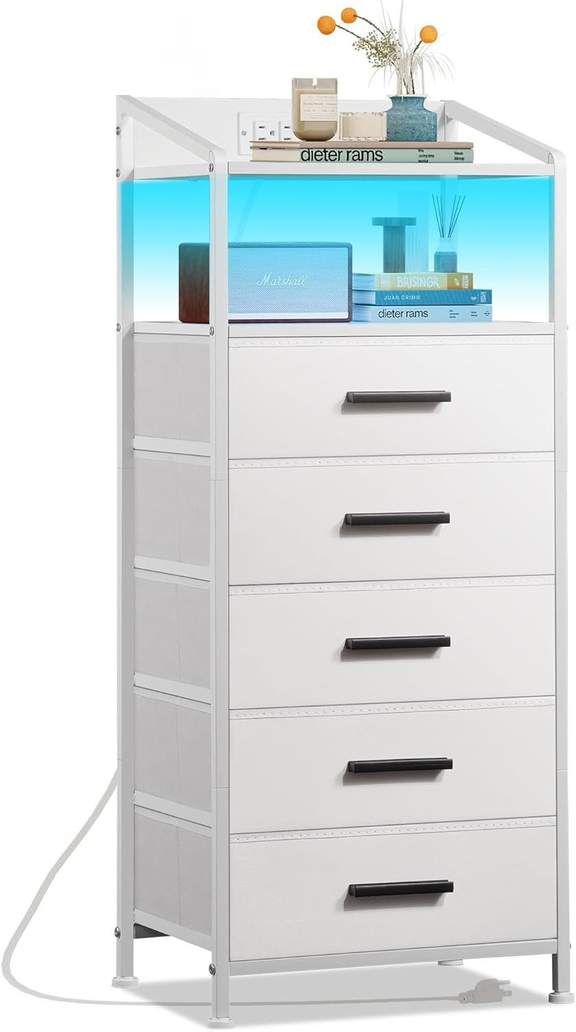 Nightstand 5 Drawer Dresser with LED Lights and Charging Station, Vertical Side