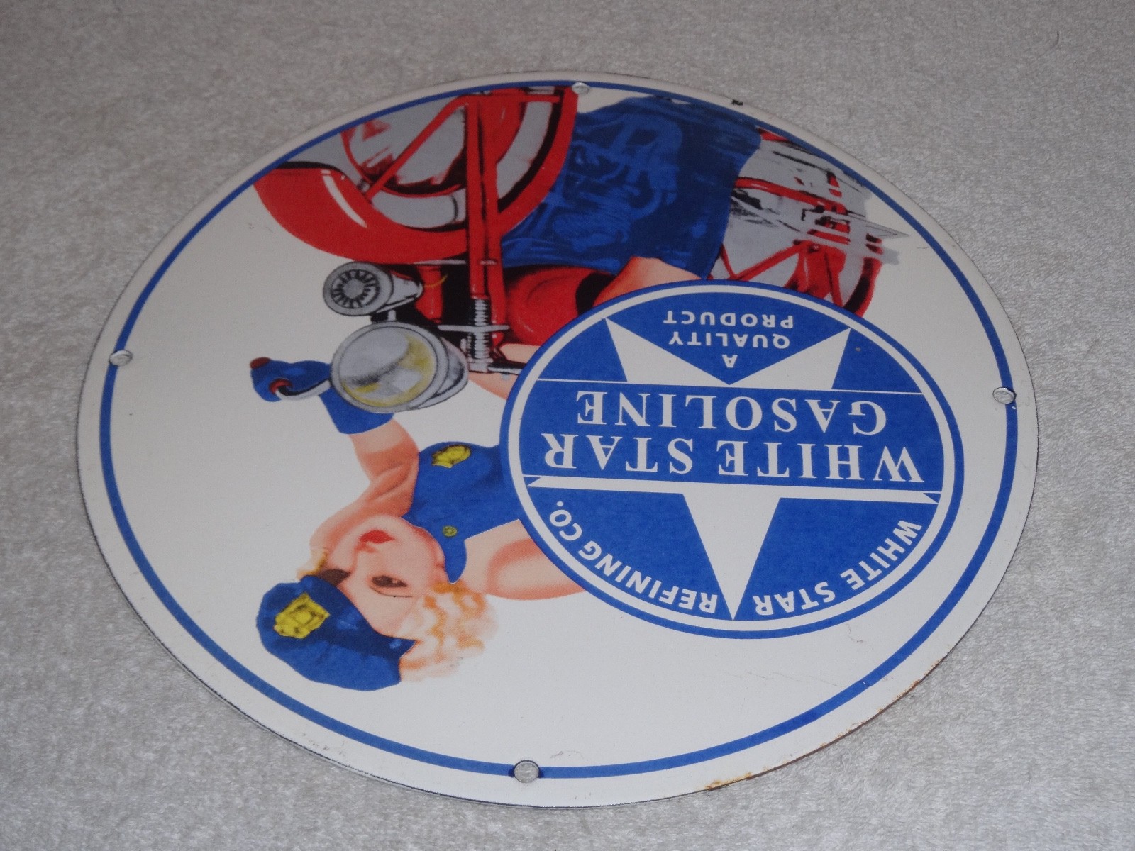 VINTAGE WHITE STAR GASOLINE "WOMAN ON MOTORCYCLE" 12" PORCELAIN METAL MOBIL SIGN