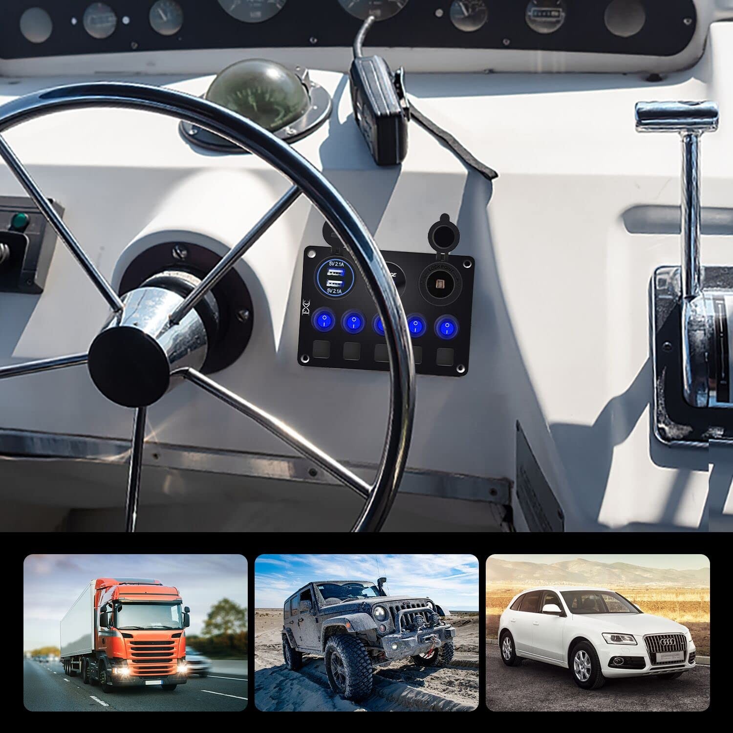 Upgrade Blue 5 Gang Marine Boat Rocker Switch Panel Circuit Breakers,