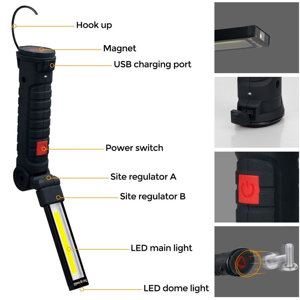 2 Pack Magnetic Base LED COB Work Light Rechargeable Mechanic Torch Flashlight