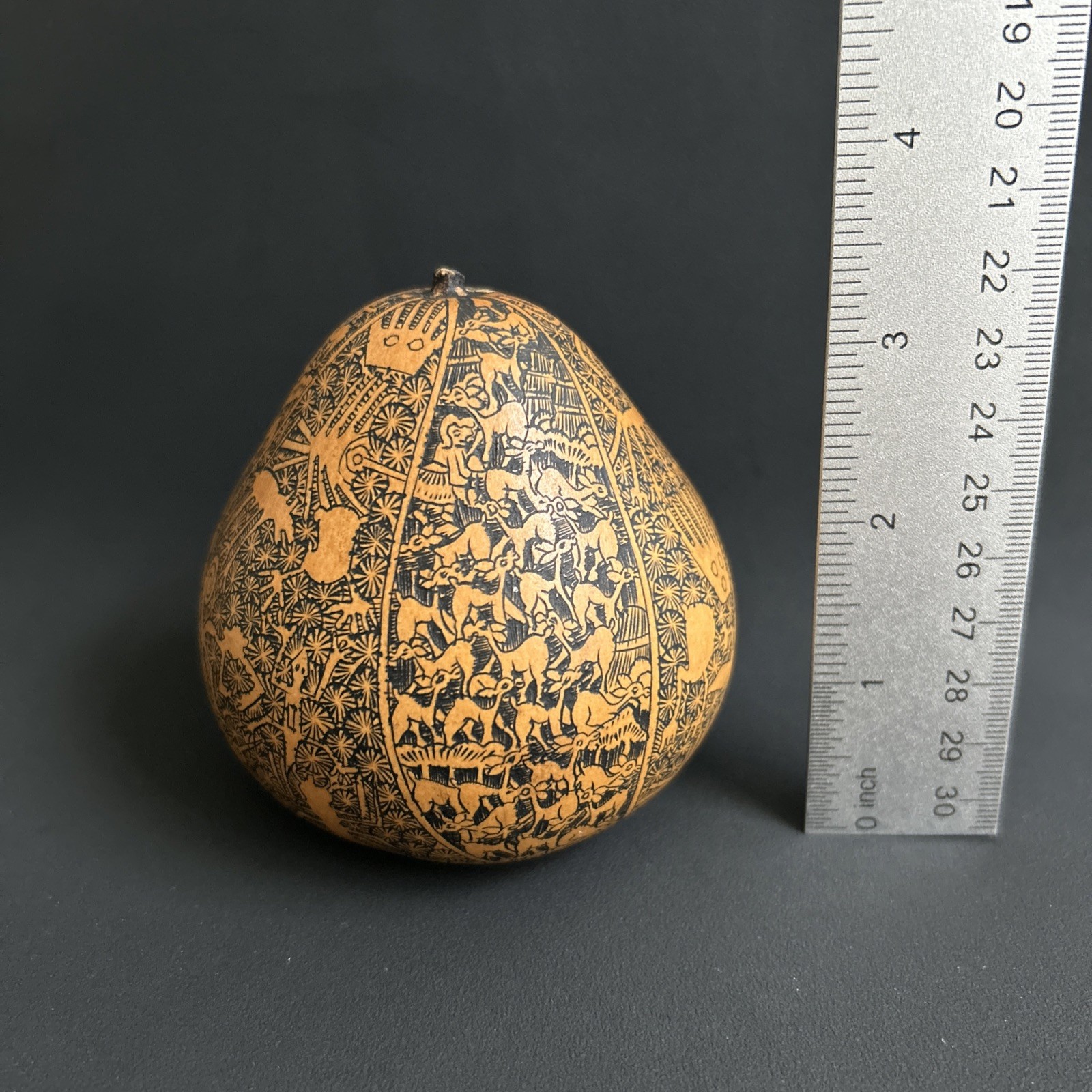 Exquisitely Hand-Carved Natural Gourd with Peruvian Cultural Motifs and Totems