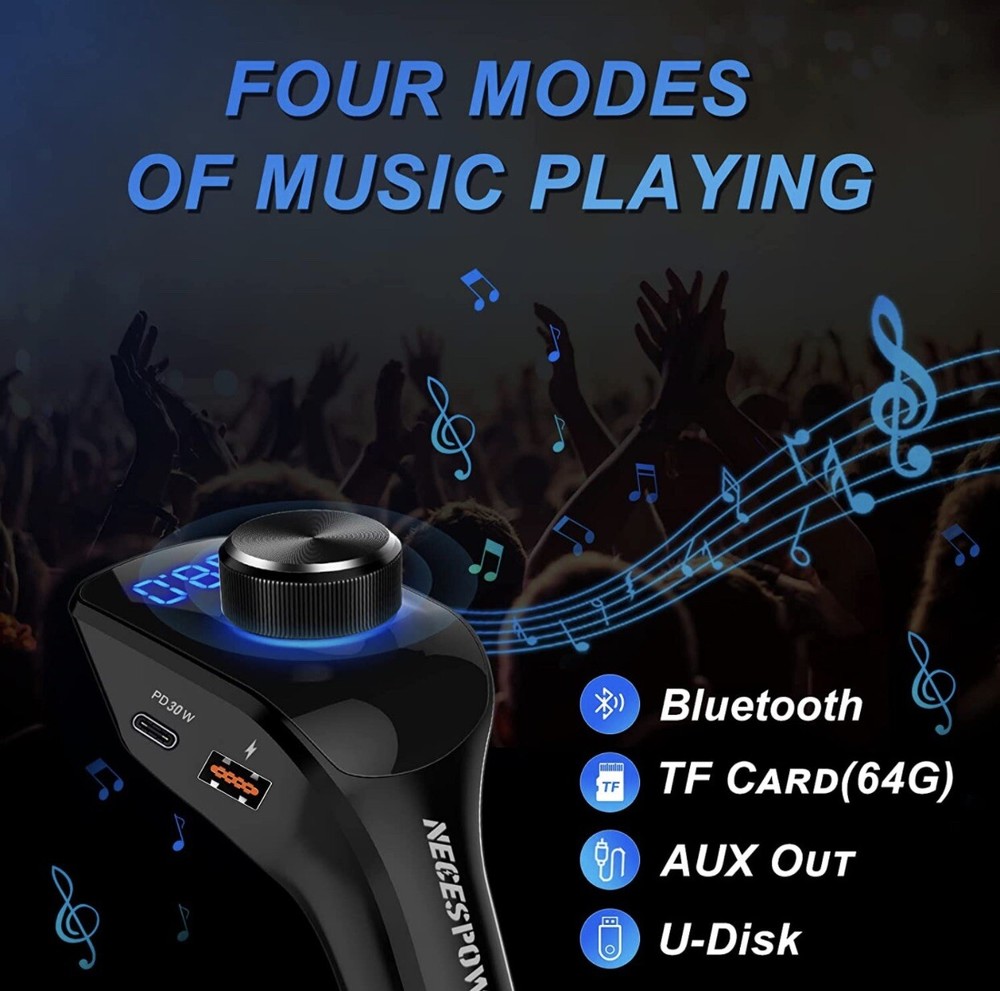 Bluetooth 5.0 Car Wireless FM Transmitter Adapter 2 USB PD Charger AUX