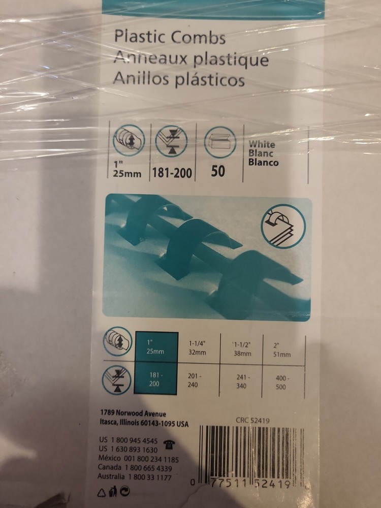 Fellowes Plastic Combs Binding Spines. 50 Pack. NIB CRC 52419