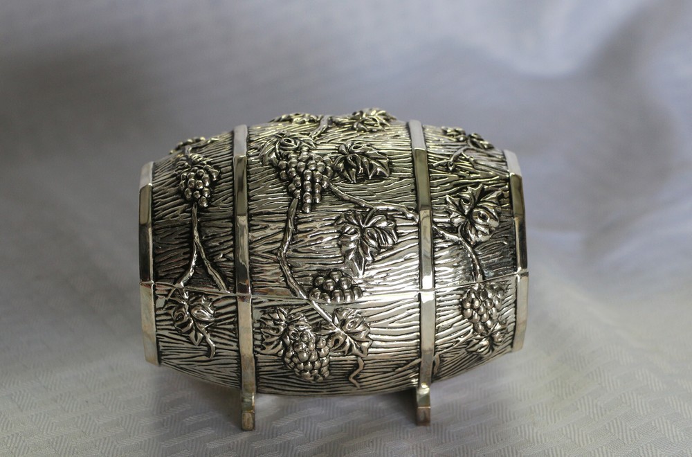 Silver Plated Wine Barrel Hinged Box with Red Velvet Liner
