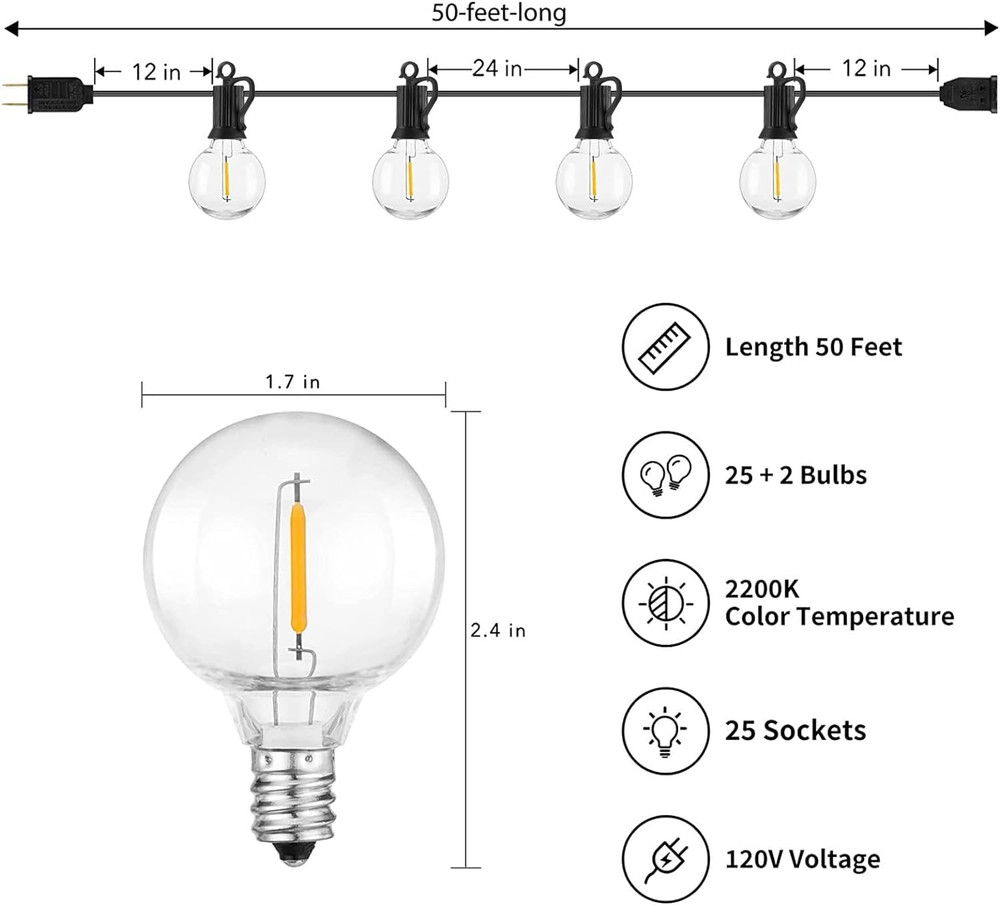 Outdoor String Light Dimmable LED G40 Globe Bulb Weatherproof for Backyard Porch