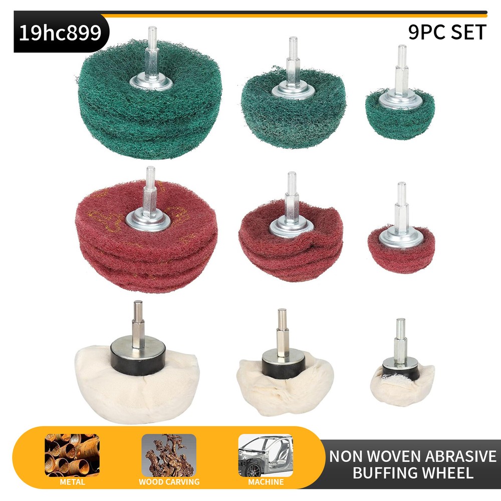 9PC 2"/3"/4" SCOTCHBRITE TYPE ROTARY BUFFING DRUM MUSHROOM HEAD WITH 6MM SHANK