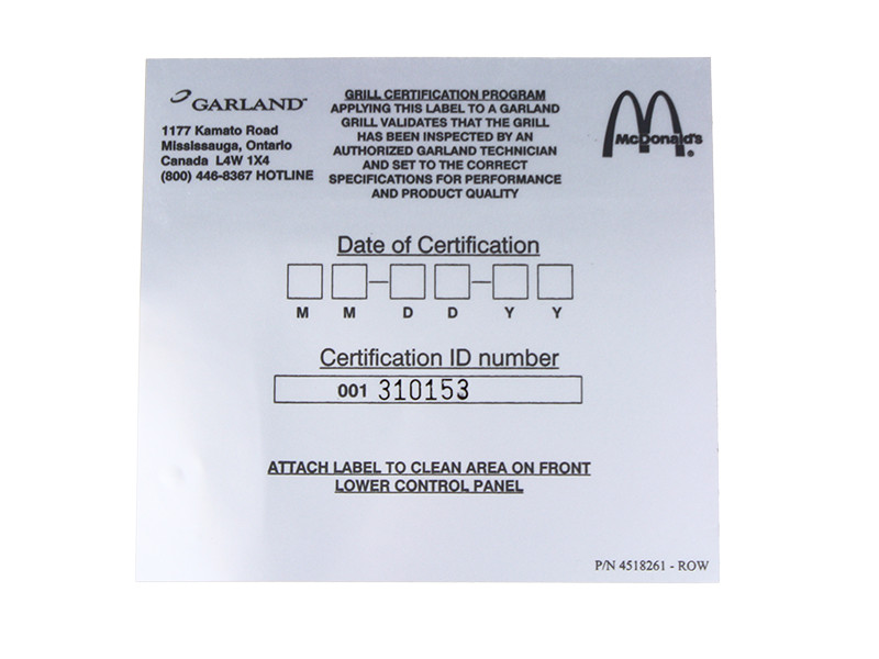 GARLAND COMMERCIAL INDUSTRIES 4518261 CERTIFICATION LABEL