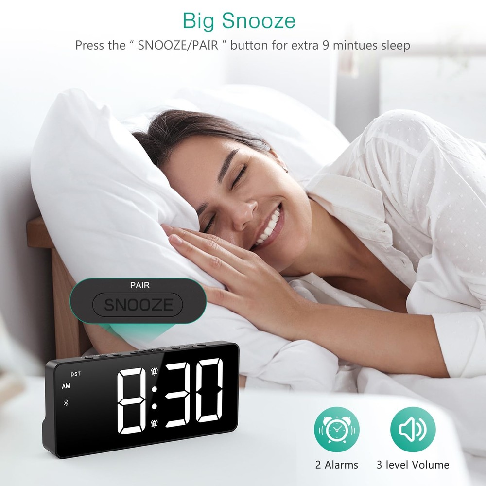 Digital Alarm Clock, LED Bedroom Clock with Bluetooth Sync Time, Auto Sync Ti...