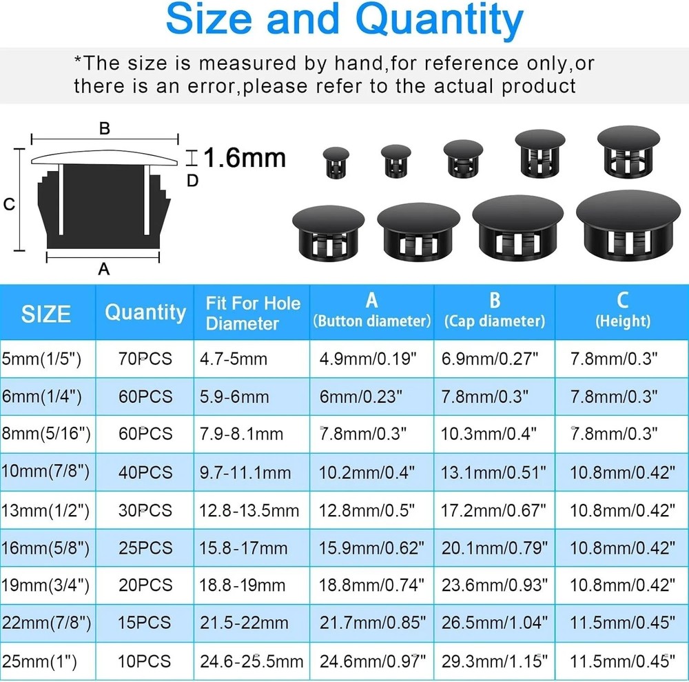 200Pcs 9 Sizes Nylon Plastic Hole Plugs Black Round Hole, Flush Type Panel