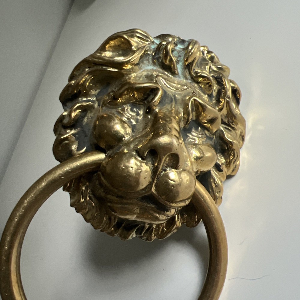 Vintage Lion Head Mask Brass Drawer Pull Ring Gold 4.5" Door Knocker Solid Large