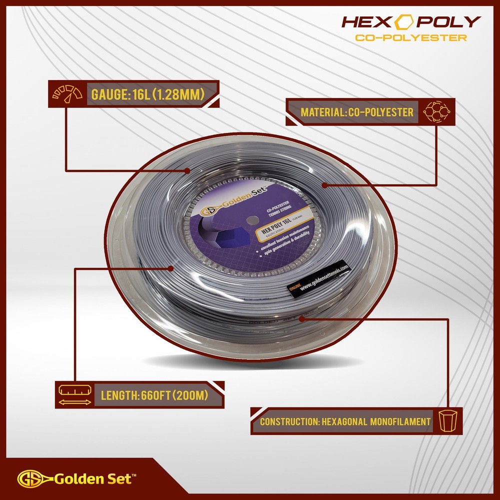 Hex Poly 16L (1.28mm), Reel (660ft/200m), Polyester Tennis String (Silver)