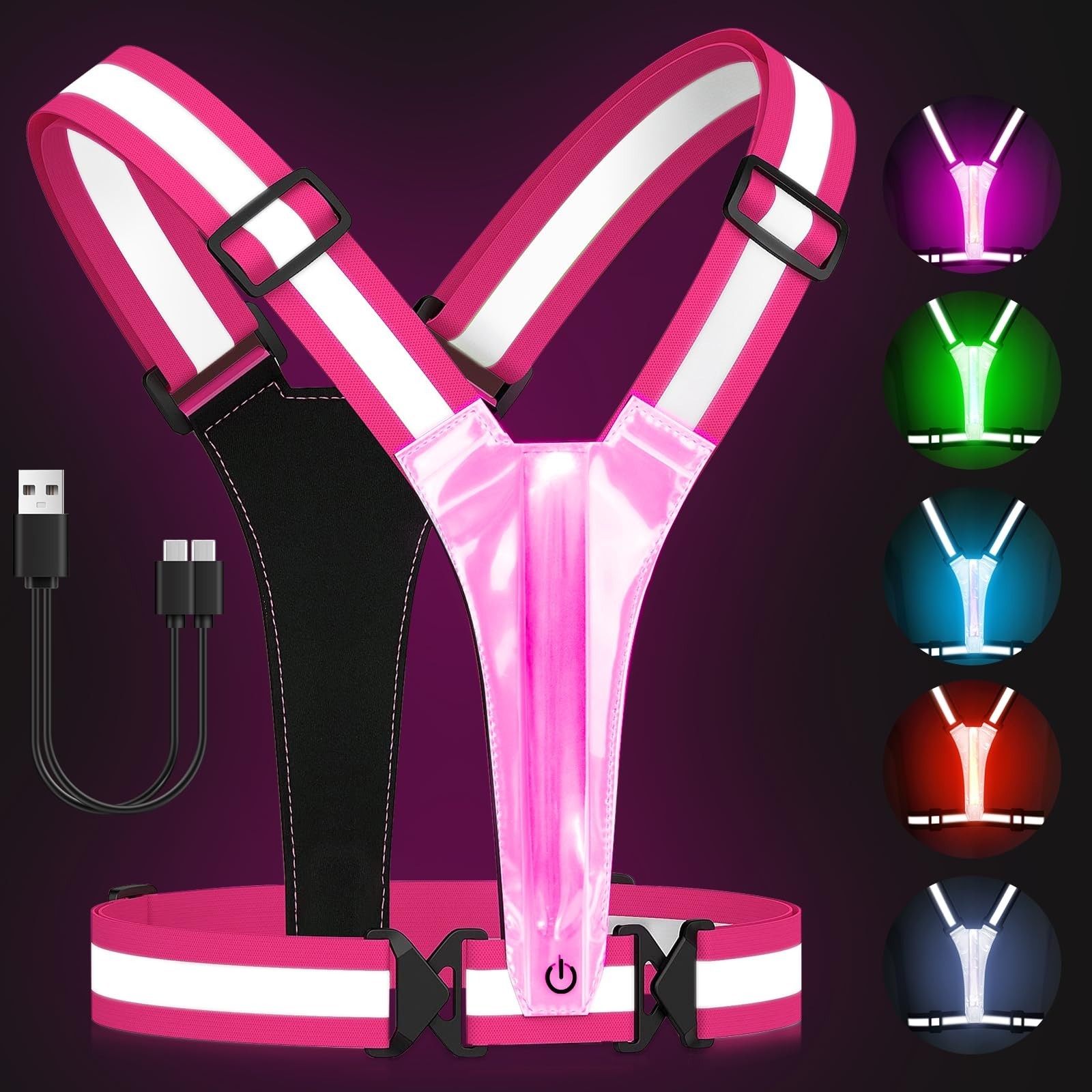 High Visibility Reflective Running Vest 5 Lights Rechargeable Adjustable