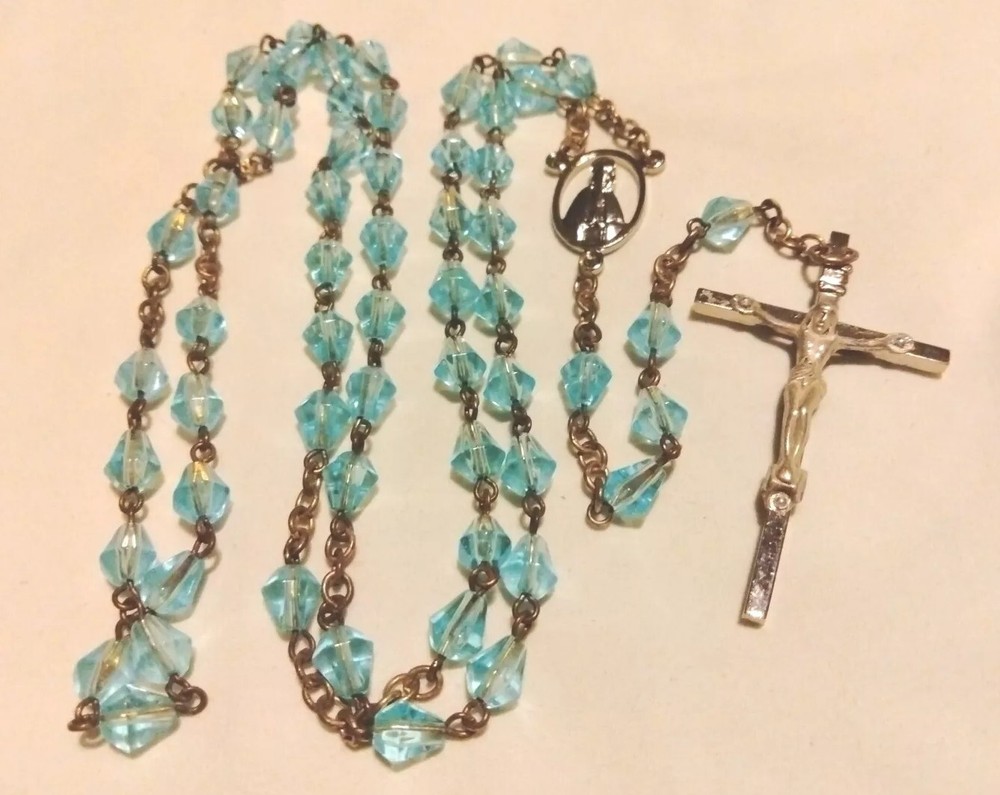Vintage Catholic Prayers Baby Blue Crystal Rosary Tear Drop Beads