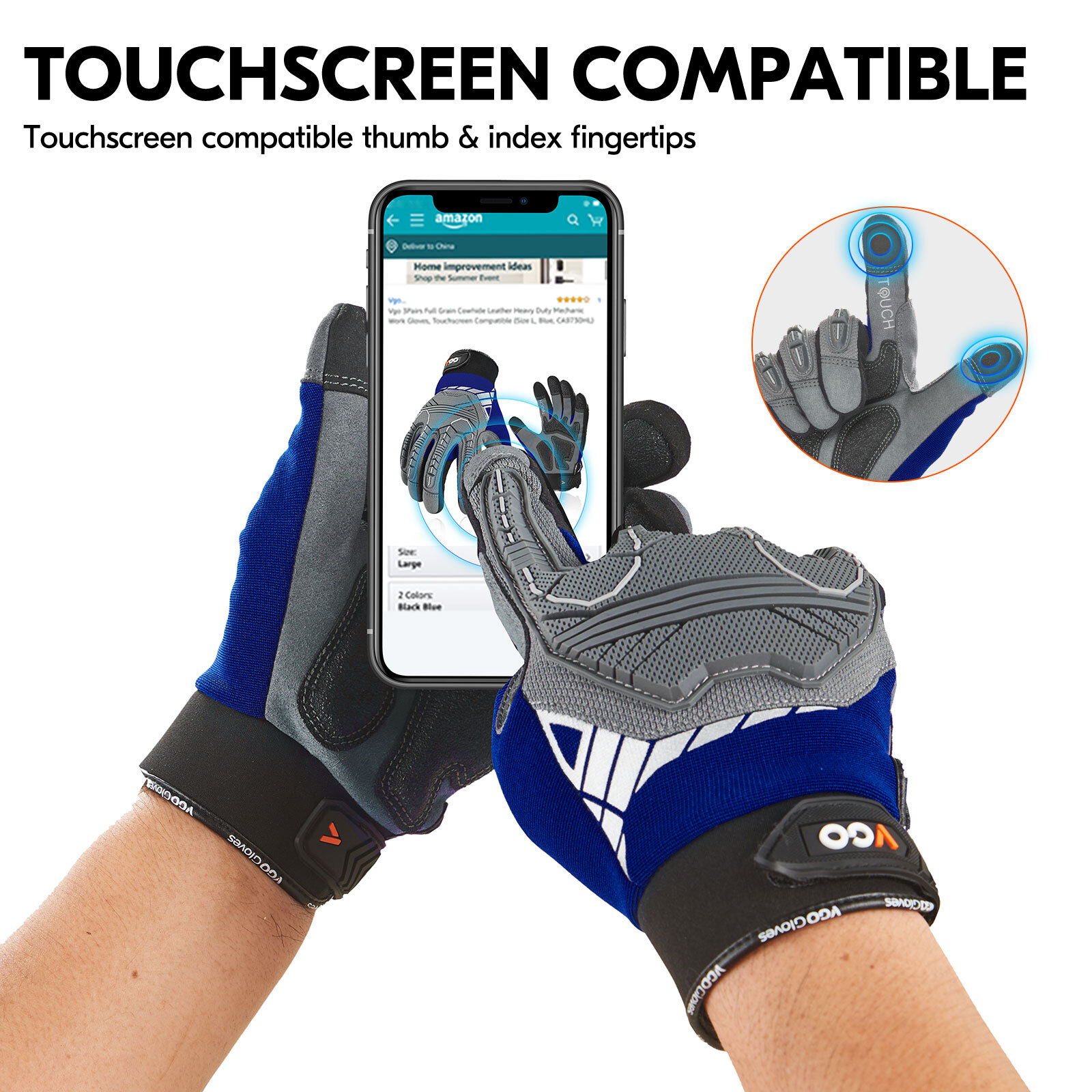 Vgo 1Pair Heavy Duty Work Gloves,Mechanic Gloves Impact-Protection(Blue, SL8849)