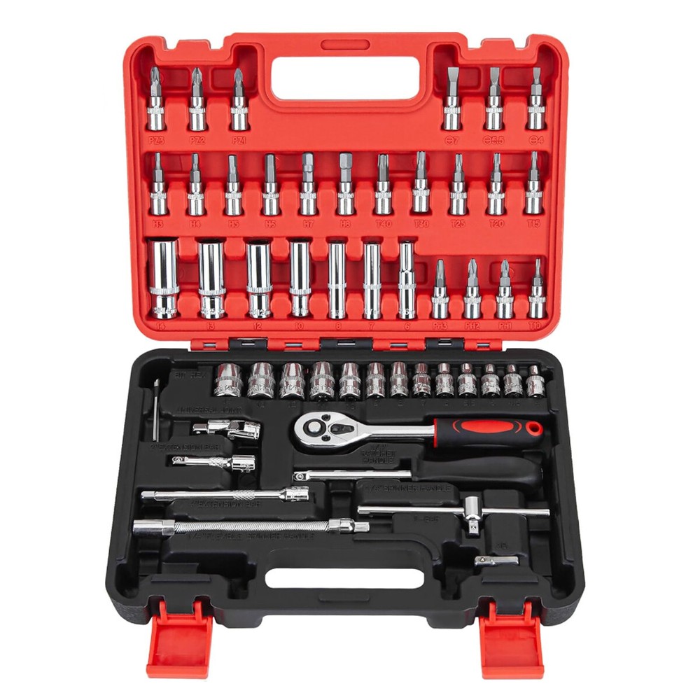 53 Pcs Socket Set 1/4" Drive Socket & Ratchet Set 6-Point SAE & Metric Tool Set