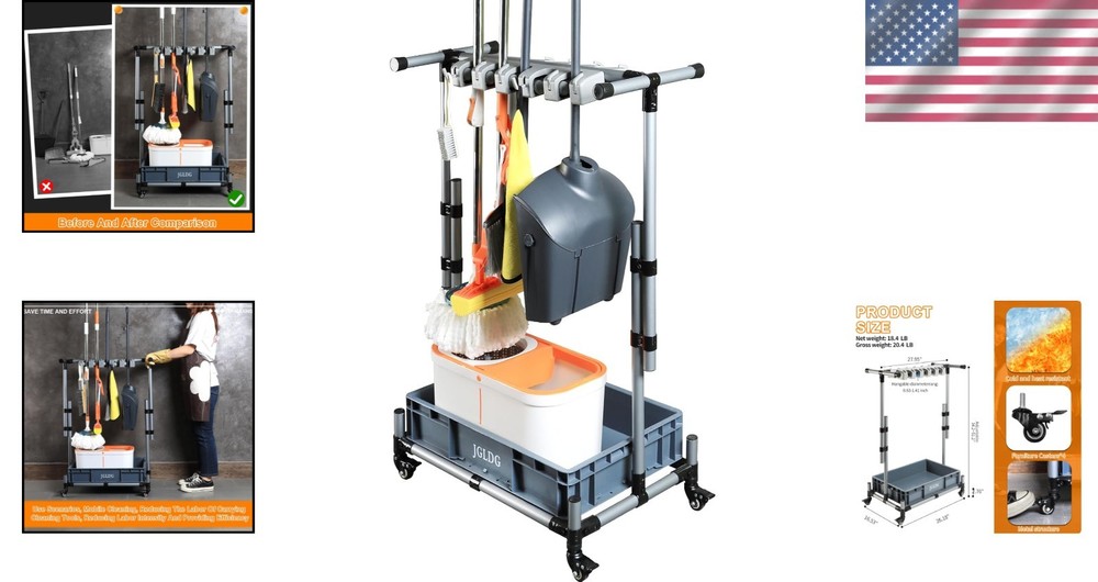 Freestanding Mobile Cleaning Tool Rack with Hooks - Rust Resistant Design