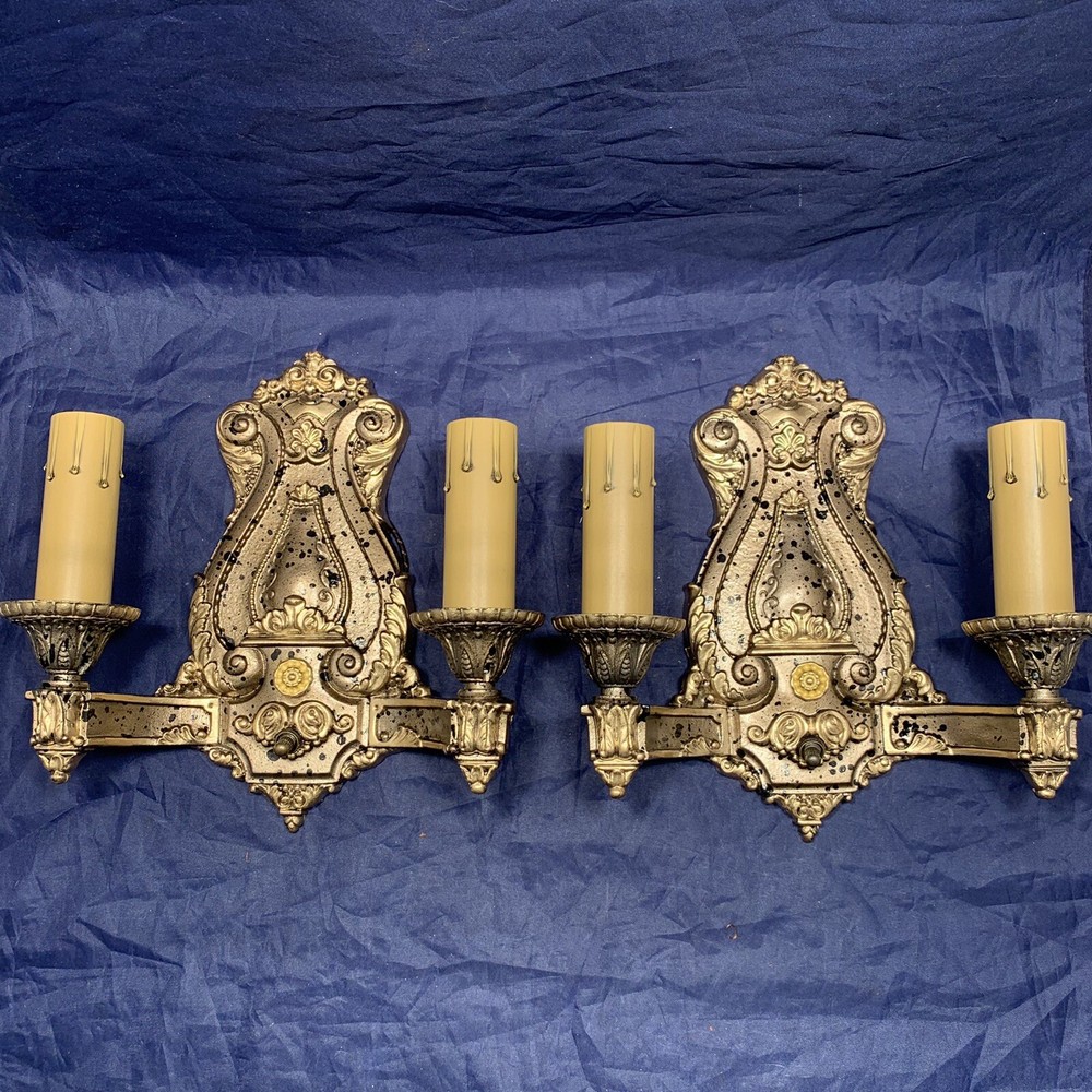 Antique Pair Polychrome Two Arm Wall Sconces Rewired Nice 107D