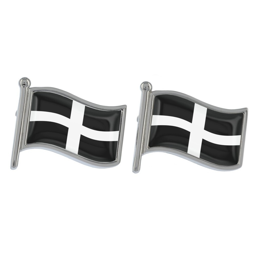 Cornwall Wave Flag Silver Cufflinks Presented in a Personalised Chrome Box