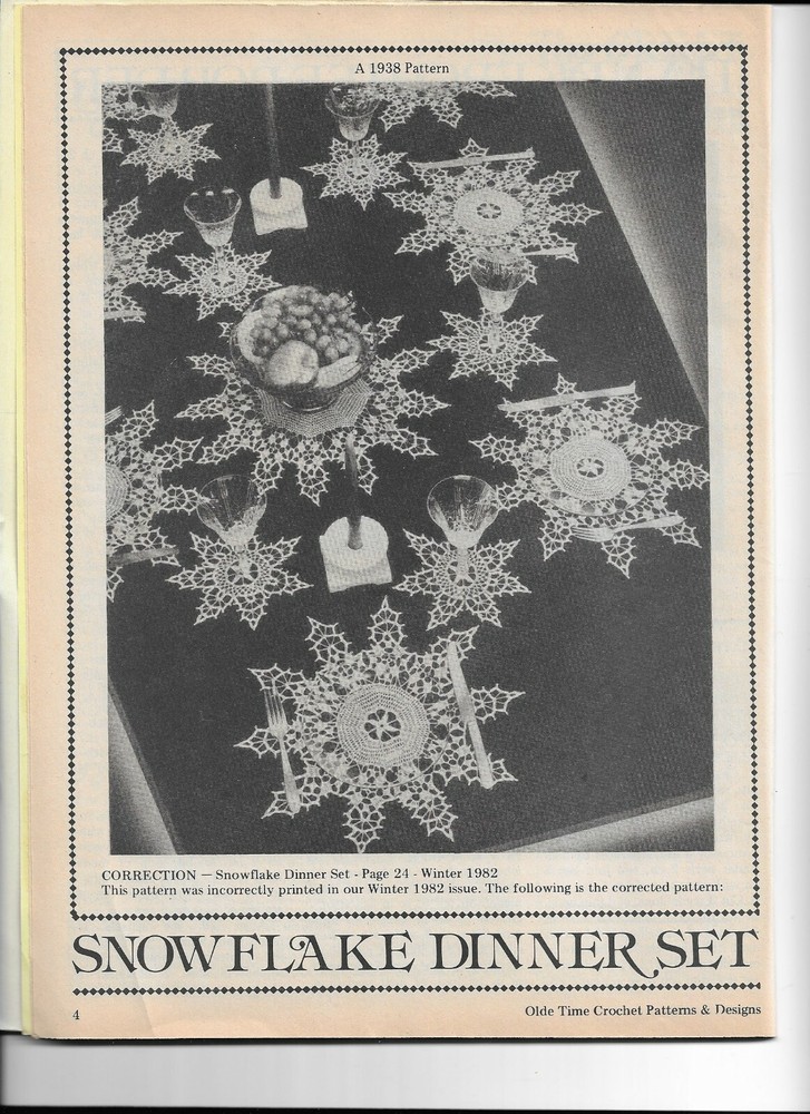 Vintage 1938 Crochet PATTERN for Snow Flake Dinner Set HOLIDAYS