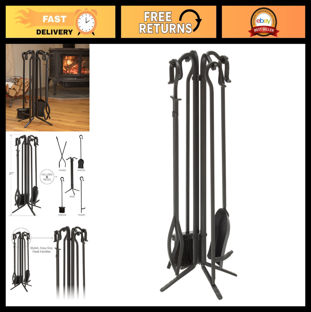 5-Piece Black Wrought Iron Fireplace Tool Set - Durable, Stylish & Functional