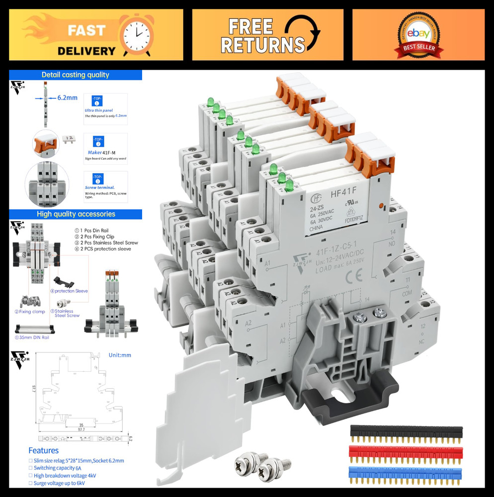 10Pcs Mini Din Rail Relay 24VDC/24VAC, 6Amp SPDT, LED Indicator, Socket Base, Cl