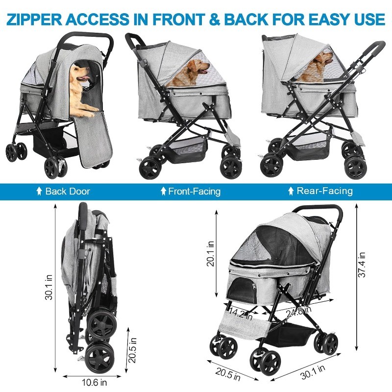 Dog Stroller for Large Medium Dogs Cats with Reversible Handle Foldable