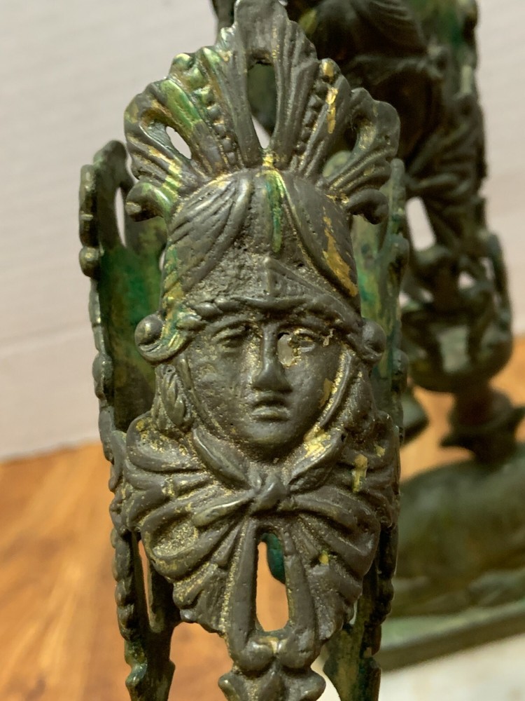 Pr Victorian Brass GARNITURES DEER with VASE INSERTS in MASK Frames Marble Bases