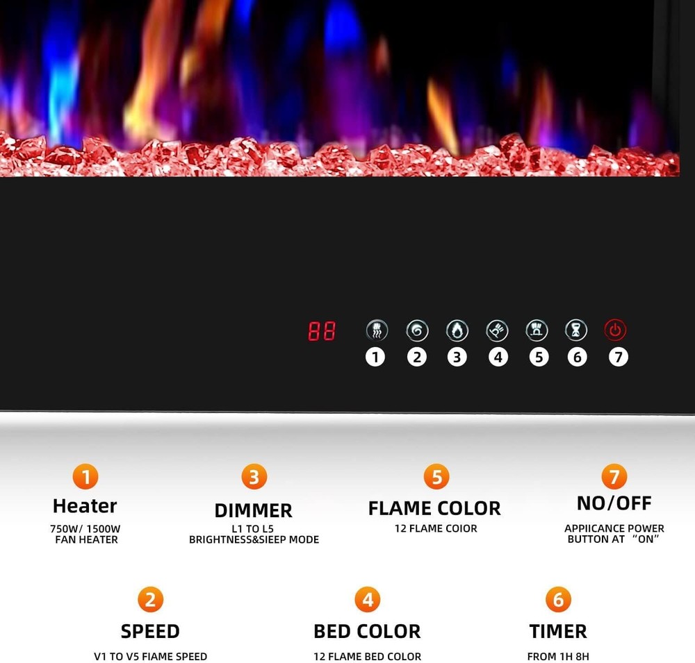 Electric Fireplace, Recessed and Wall Mounted , Remote , Timer, Adjustable Flame