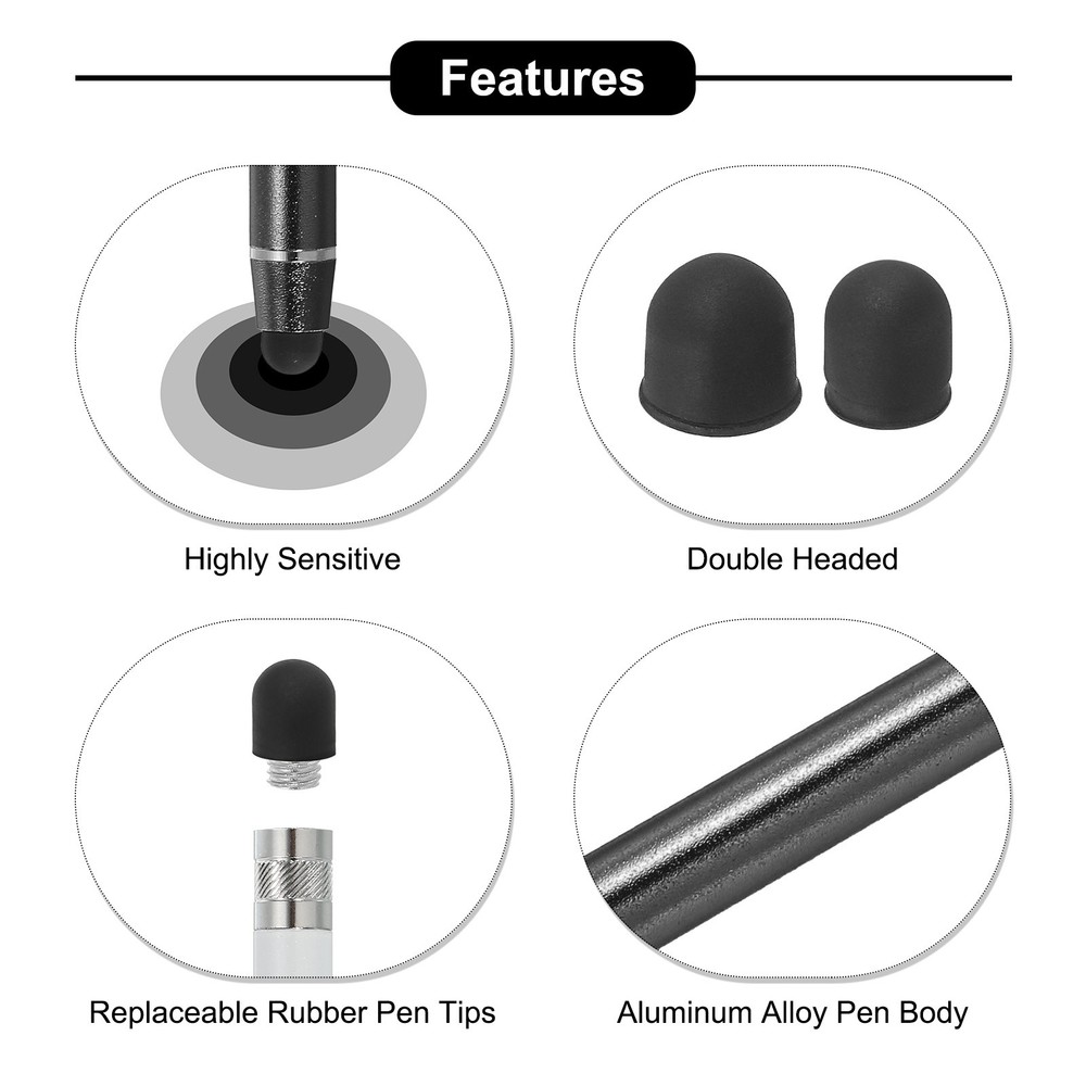 5pcs Stylus Pens for Touch Screens with 2 Extra Tips Black