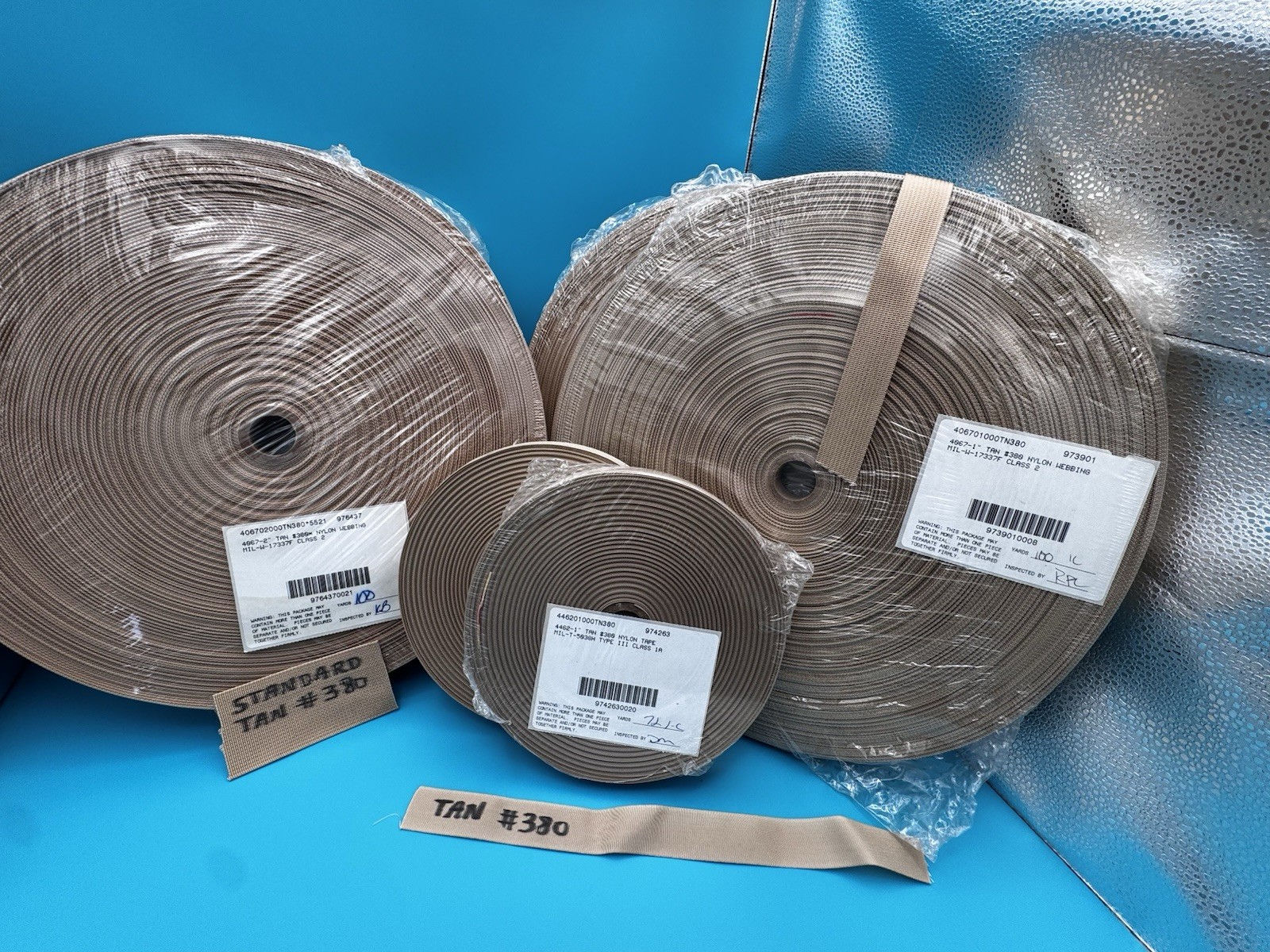 Military Tan webbing 6 Roll Bundle 1” & 2” Nylon Class 2 Mill Spec.  100yd Roll