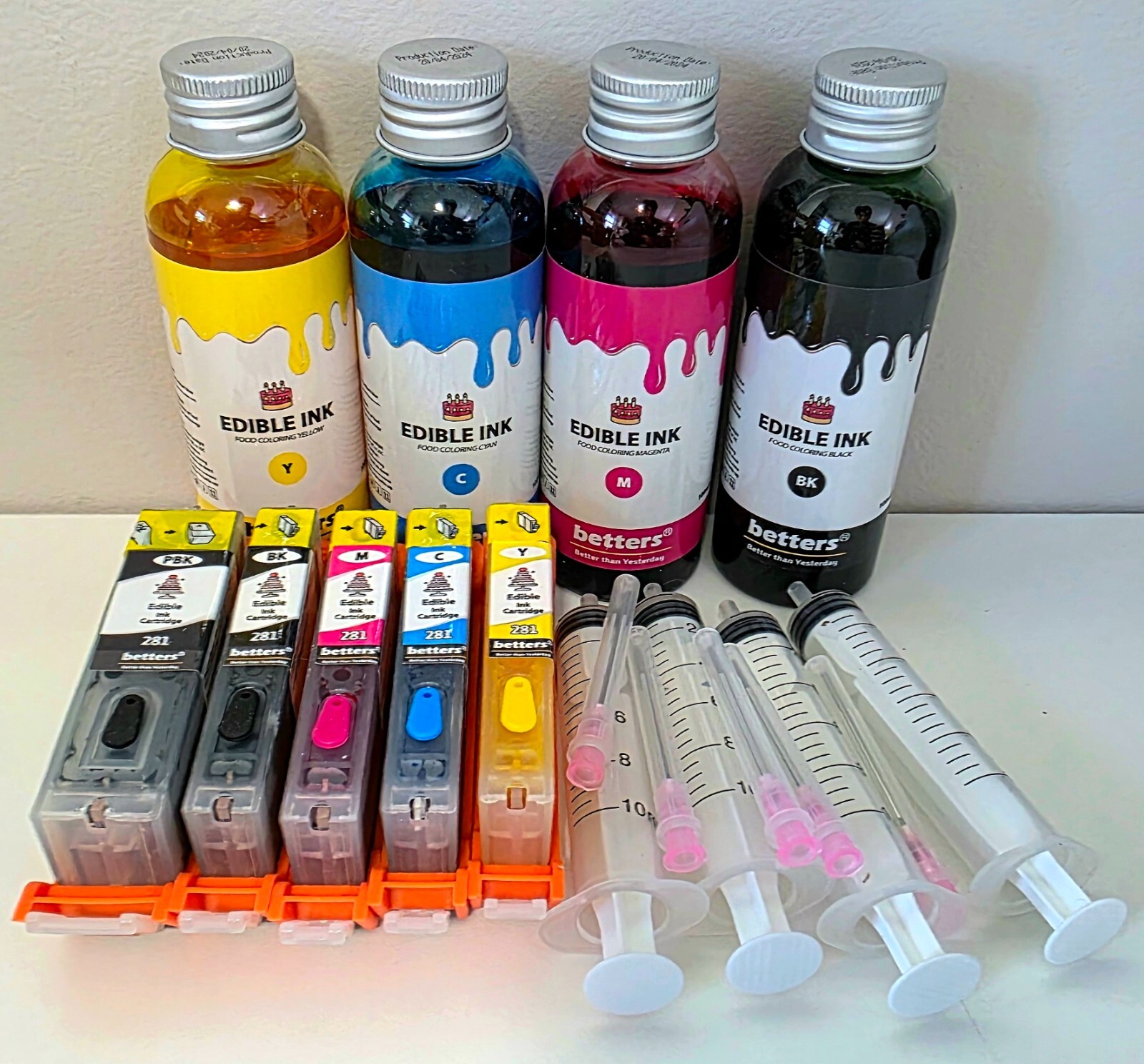 Edible ink Bundle- Refill 4 bottles w/ tools & PGI 280/281 Edible Cartridge,5set