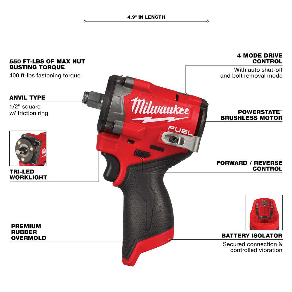 Milwaukee 2563-20 M12 FUEL 12V 1/2" Stubby Impact Wrench - Bare Tool